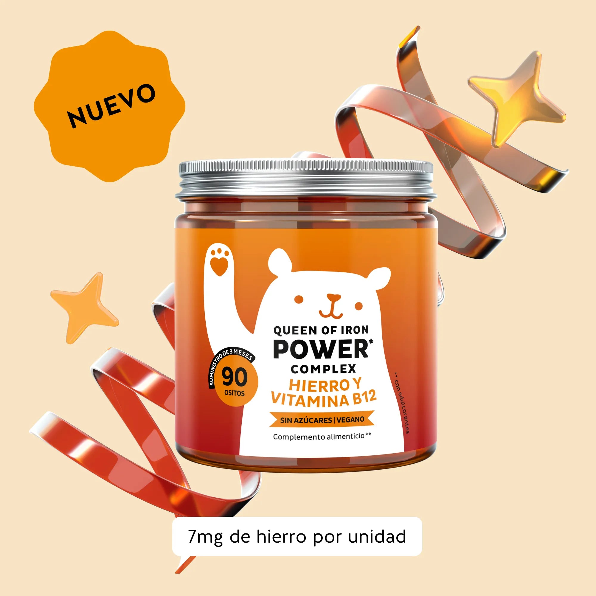 Imagen del bote de 90 unidades de las vitaminas Queen of Iron Power de Bears with Benefits en formato de gominolas veganas, diseñadas para aportar hierro y apoyar la energía y la vitalidad diaria.