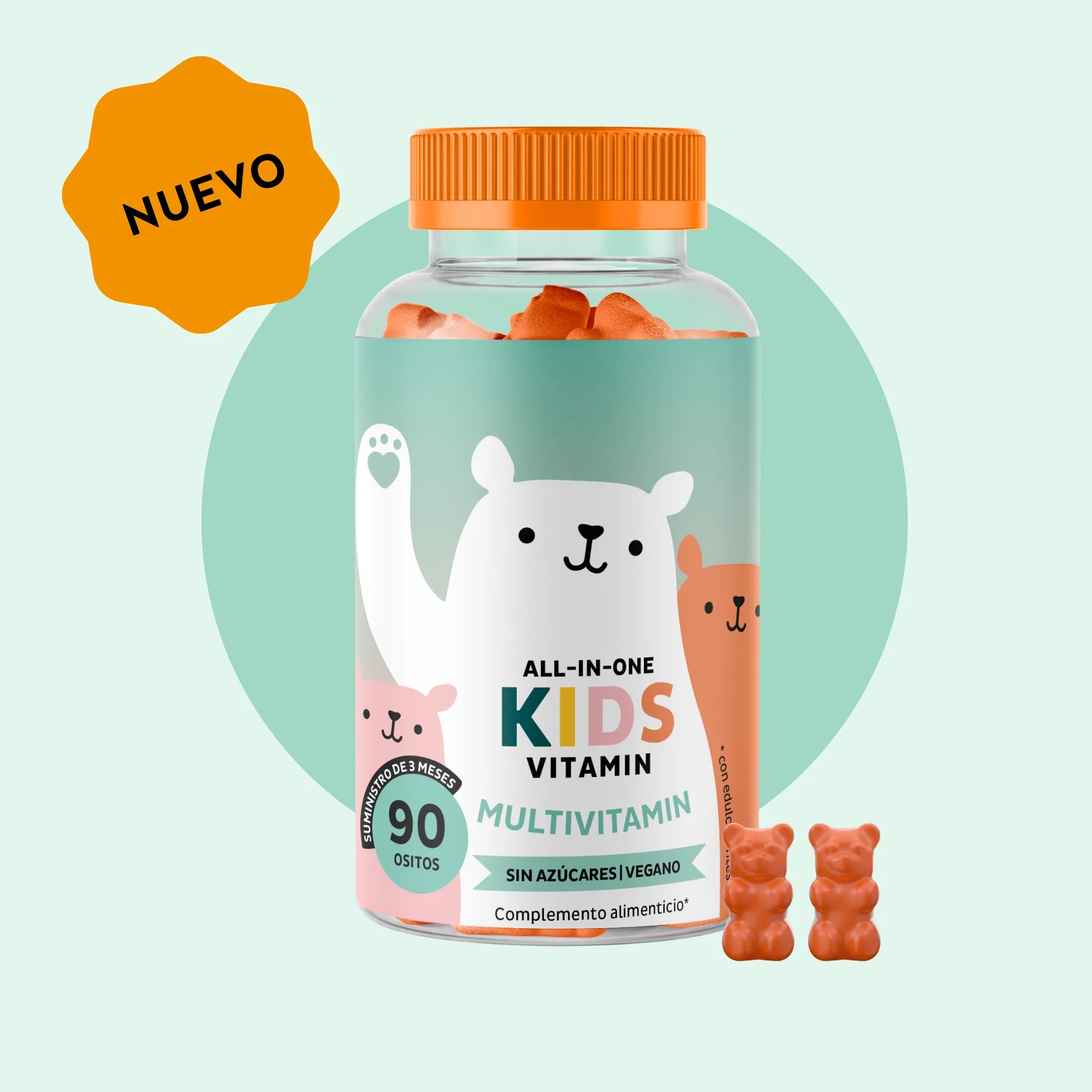 Imagen del bote de 90 unidades de las vitaminas All In One Kids de Bears with Benefits en formato de gominolas veganas, diseñadas para apoyar el crecimiento y el bienestar diario de los niños.