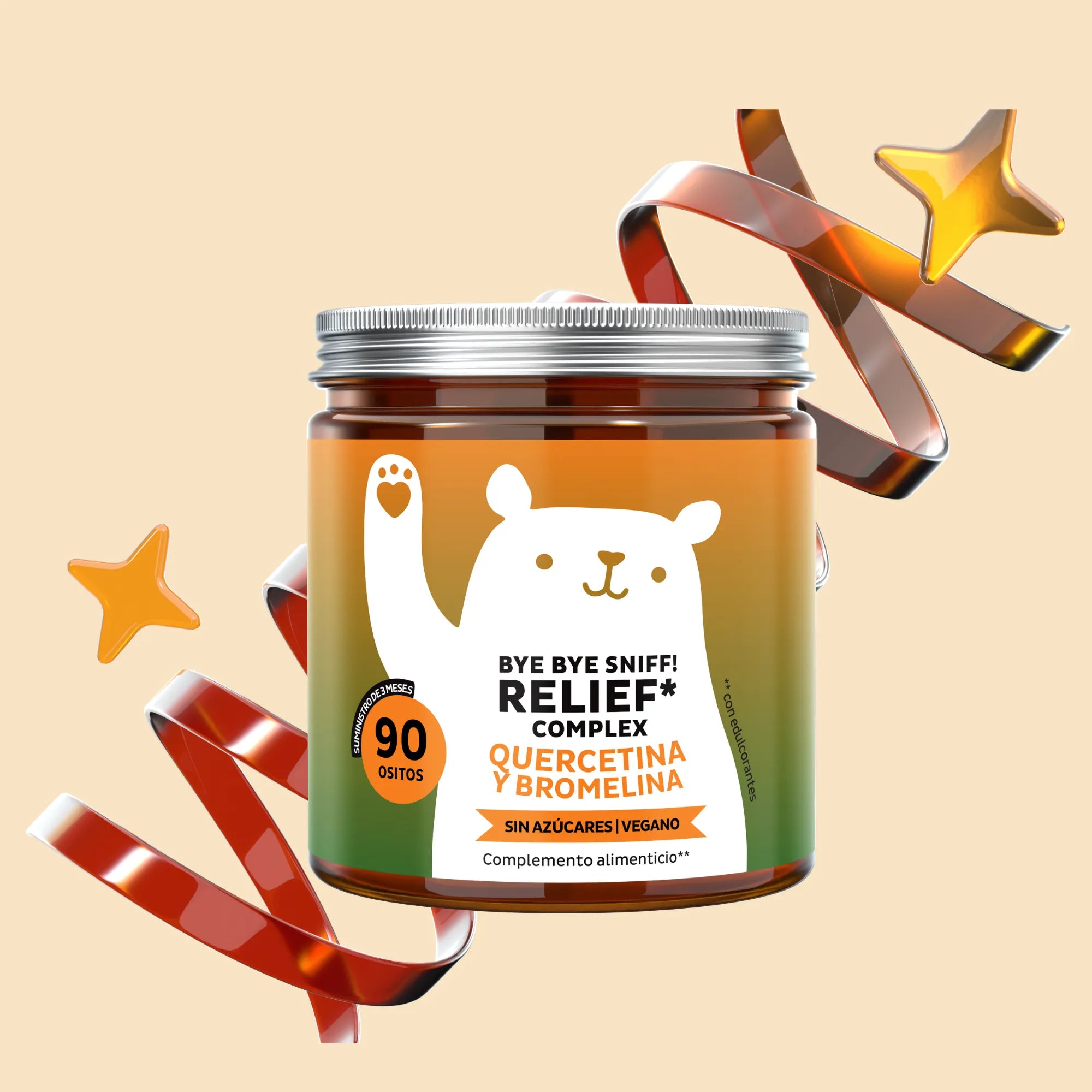 Imagen del bote de 90 unidades de Bye Bye Sniff! Relief Complex con quercetina y bromelina de Bears with Benefits en formato de gominolas, diseñado para apoyar el sistema inmunitario y el bienestar diario.