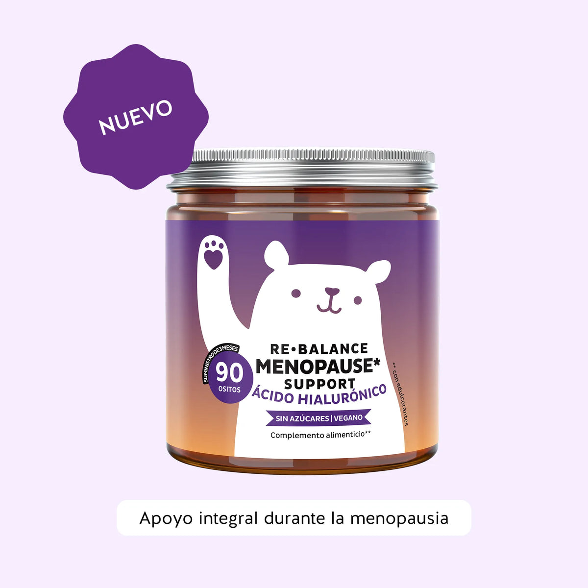 Bears with Benefits Re•Balance Menopause* Support – Gominolas veganas para la menopausia con ácido hialurónico, aceite de onagra y vitaminas esenciales que ayudan a reducir la fatiga y contribuyen al funcionamiento normal del sistema nervioso. Formato maxi con 90 gominolas sin azúcares y sabor natural a papaya.
