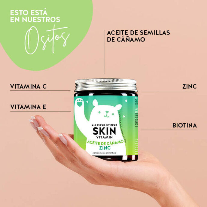 Eso es lo que contienen los ositos All Dear my Clear con aceite de semillas de cáñamo y zinc de Bears with Benefits. Aceite de semillas de cáñamo, zinc, vitamina E, vitamina C y biotina.