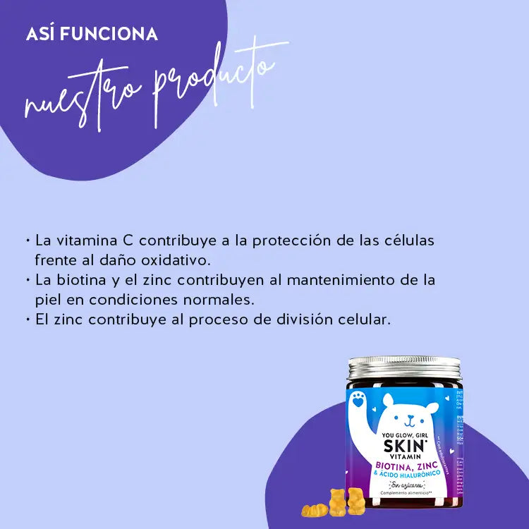 You Glow, Girl Skin con biotina, zinc y hialurón: La vitamina C contribuye a proteger las células del estrés oxidativo. La biotina y el zinc contribuyen al mantenimiento de una piel normal. El zinc tiene una función en la división celular.