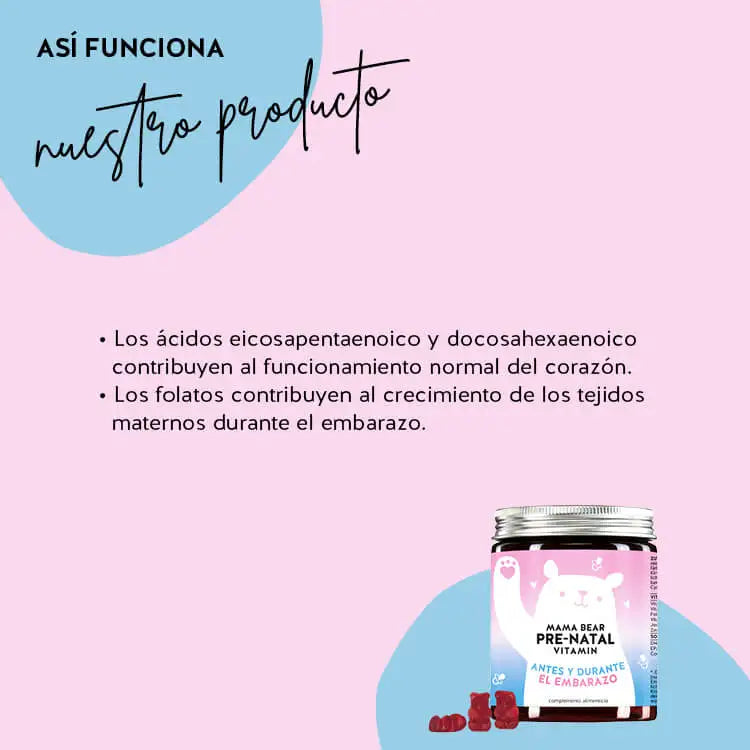 Así funcionan las vitaminas prenatales Mama_Bear: El DHA puede contribuir al mantenimiento de la función normal del cerebro y la visión, el EPA junto con el DHA puede contribuir a la función normal del corazón.