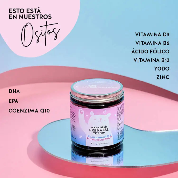 Estos ingredientes y nutrientes se encuentran en las vitaminas prenatales Mamá Osa de Osos con Beneficios: DHA, EPA, coenzima Q10, zinc, yodo, ácido fólico y vitaminas B6, B12 y D3.