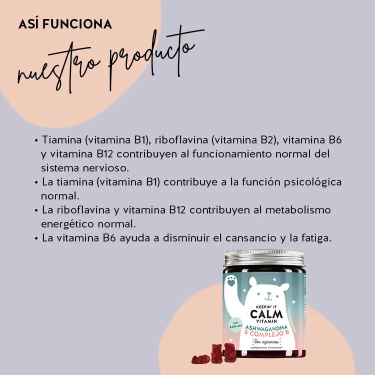 Así funcionan las vitaminas Keepin` It Calm con ashwaganda y complejo B: Las vitaminas B1, B2, B6 y B12 contribuyen al funcionamiento normal del sistema nervioso y a la función mental normal. La vitamina B1 contribuye a una función mental normal. Las vitaminas B2 y B12 contribuyen al metabolismo energético normal. La vitamina B6 contribuye a reducir el cansancio y la fatiga.