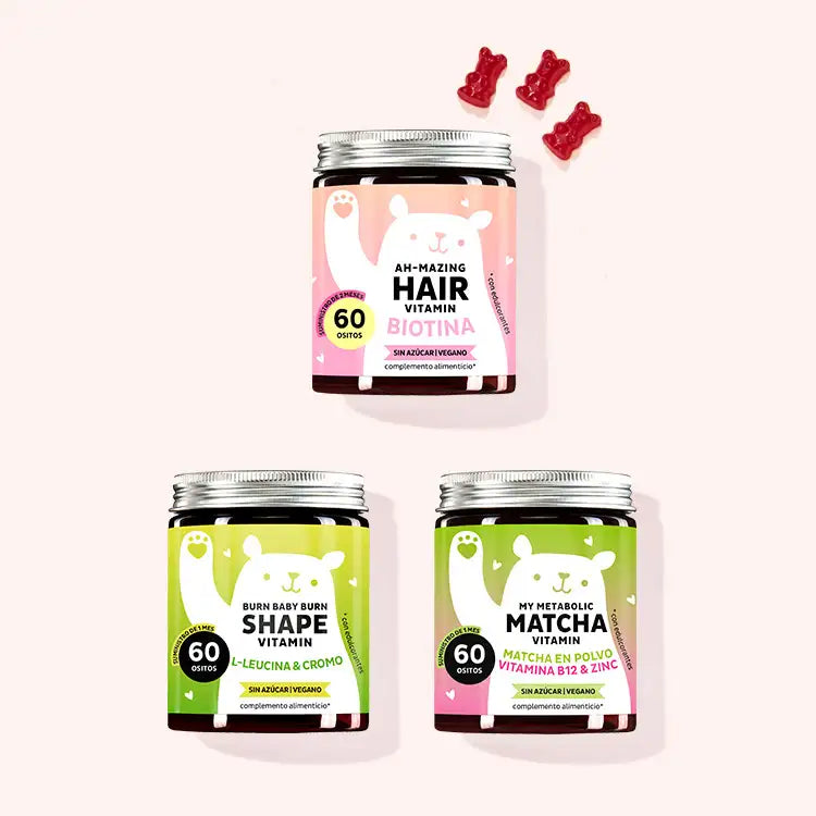 Set de belleza y energía con los productos Ah-mazing hair con biotina, Burn Baby Burn con cromo y l-leucina y My Metabolic Matcha con extracto de té verde y matcha. 
