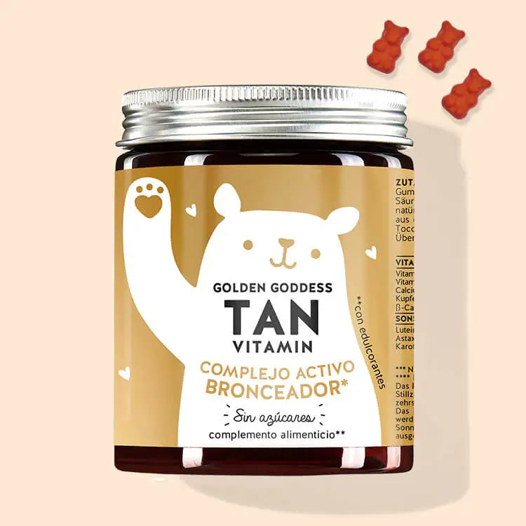 Esta foto muestra una lata del producto Golden Goddess Tan con betacaroteno de Bears with Benefits.