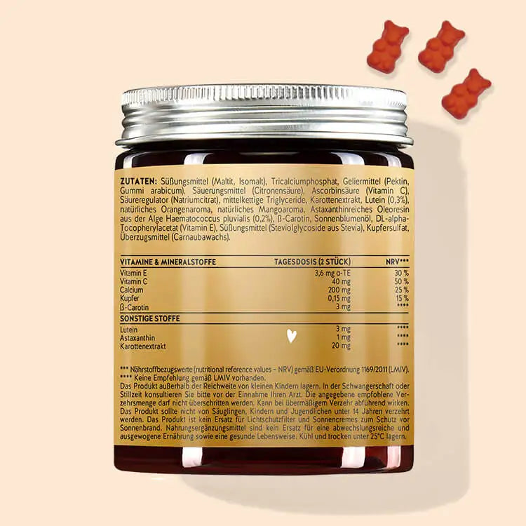Este es el reverso del envase de los ositos Golden Goddess Tan con betacaroteno. Muestra la información nutricional y la lista de ingredientes del producto.