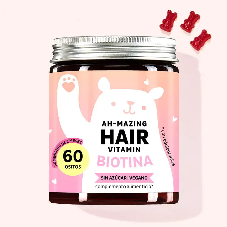Esta foto muestra una lata del producto Ah-mazing Hair vitaminas sin azúcar con biotina de Bears with Benefits.