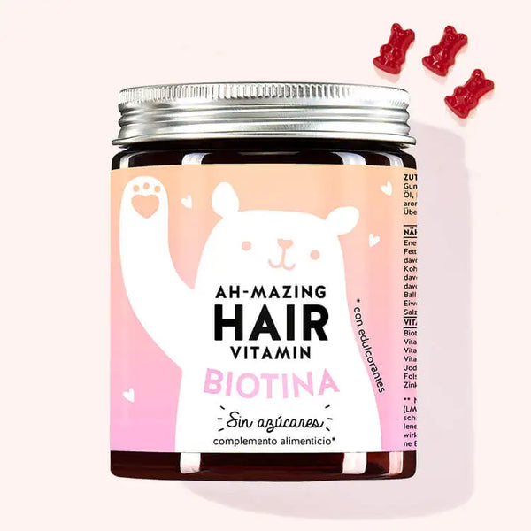 Esta foto muestra una lata del producto Ah-mazing Hair vitaminas sin azúcar con biotina de Bears with Benefits.