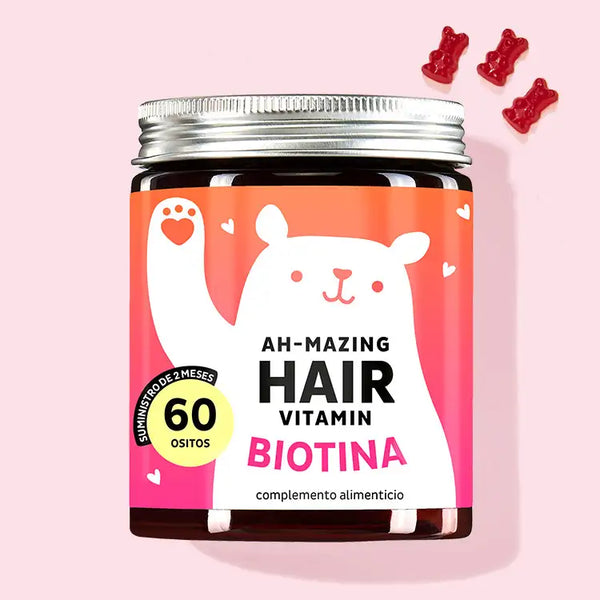 Una lata de Ah-mazing Hair Vitamins con Biotina de Bears with Benefits para un cabello y uñas bonitos y con volumen.