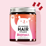 Una lata de Ah-mazing Hair Vitamins con Biotina de Bears with Benefits para un cabello y uñas bonitos y con volumen.