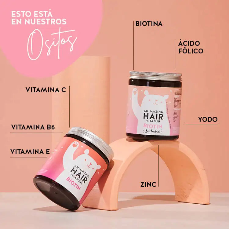 Estas vitaminas y nutrientes se encuentran en las vitaminas para el cabello Ah-mazing Hair Vitamins de Bears with Benefits: biotina, ácido fólico, yodo, zinc, vitamina C, vitamina E, vitamina B6.