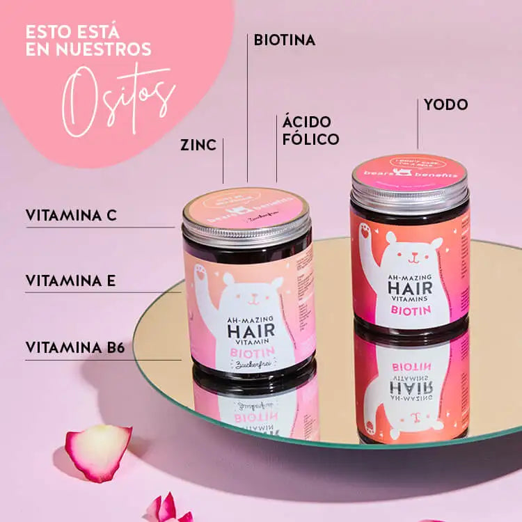 Los ingredientes de la Biotina Ah-Mazing Hair Bears de Bears with Benefits. Vitamina E y C, zinc, biotina, ácido fólico y yodo.