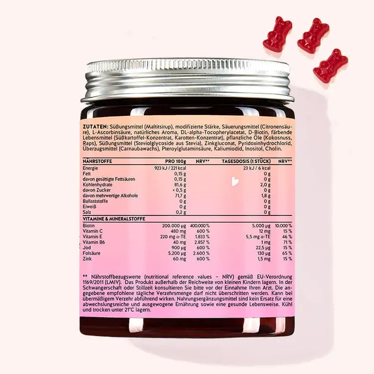Este es el reverso del envase de los Ositos Capilares Ah-Mazing con Biotina (sin azúcar). Muestra la información nutricional y la lista de ingredientes del producto.
