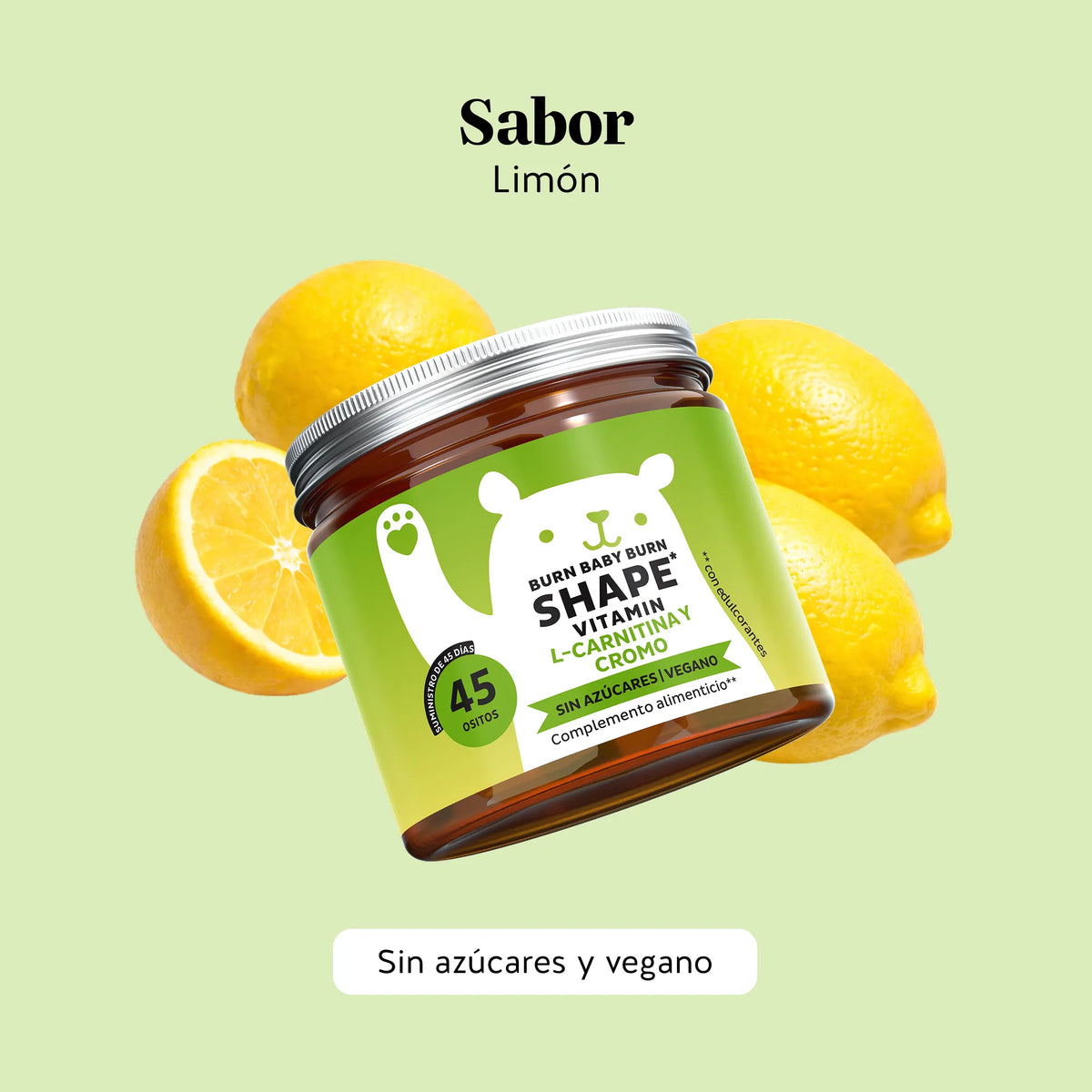 Bears with Benefits Burn Baby Burn Vitamin – Gominolas veganas sin azúcar con aroma natural, 45 ositos sabor limón.