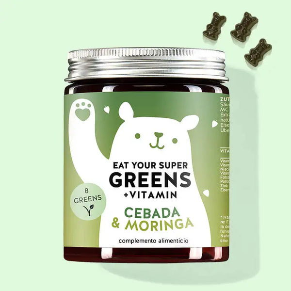 Una lata de Eat your Super Greens con hierba de cebada, moringa y otras 6 verduras de Bears with Benefits como un todoterreno para tu bienestar.