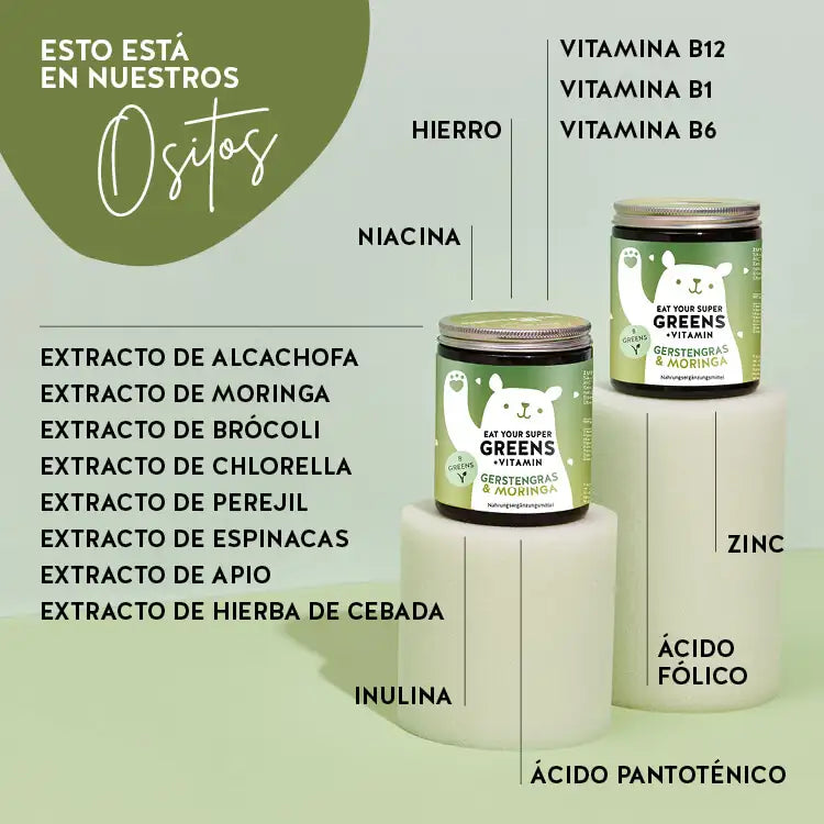  Estos ingredientes y nutrientes se encuentran en el Eat your Super Greens Vitamins de Bears with Benefits: Vitamina B12, B1, B6, Niacina, Ácido Fólico, Ácido Pantoténico, Zinc, Hierro, Extracto de Hoja de Alcachofa, Extracto de Hoja de Moringa, Extracto de Brócoli, Extracto de Hierba de Cebada, Extracto de Chlorella, Extracto de Perejil, Extracto de Espinacas, Extracto de Apio, Inulina.