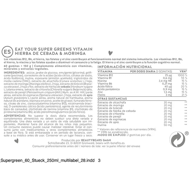 Lista de ingredientes que contienen las vitaminas Eat Your Supergreens. 