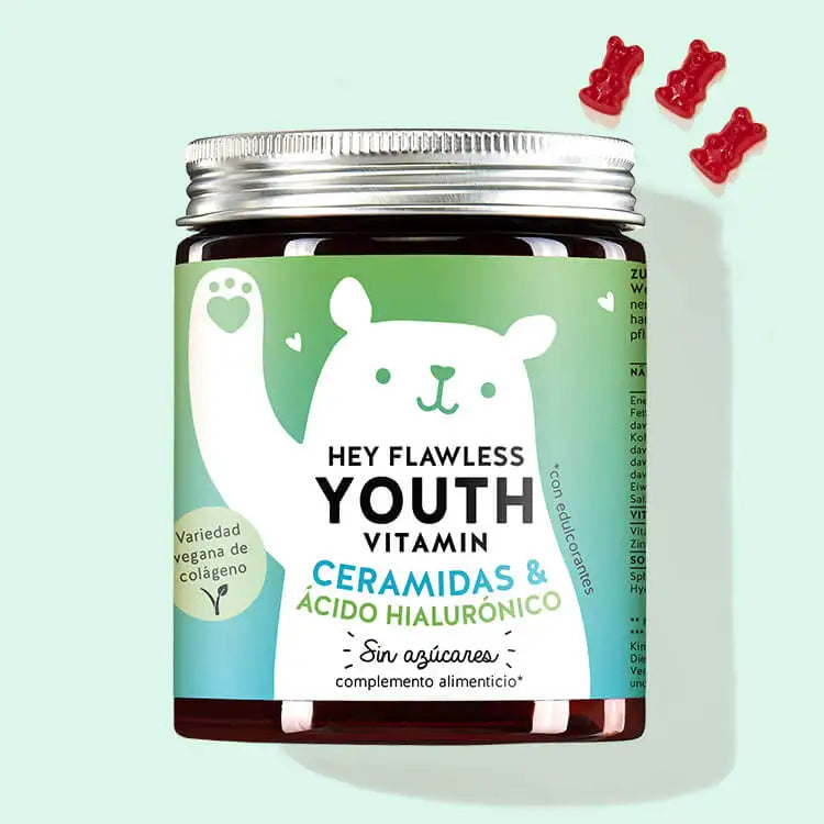 Una lata de Hey Flawless Youth Vitamins with Ceramides and Hyaluron de Bears with Benefits para una mayor hidratación y un impulso antiedad vegano.
