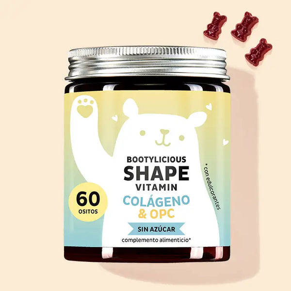 Una lata de Bootylicious Shape Vitamins con colágeno y OPC de Bears with Benefits para fortalecer el tejido conjuntivo.