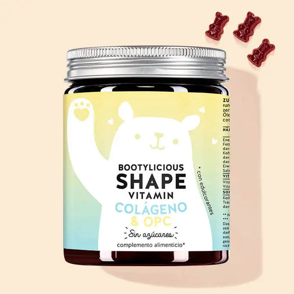 Una lata de Bootylicious Shape Vitamins con colágeno y OPC de Bears with Benefits para fortalecer el tejido conjuntivo.