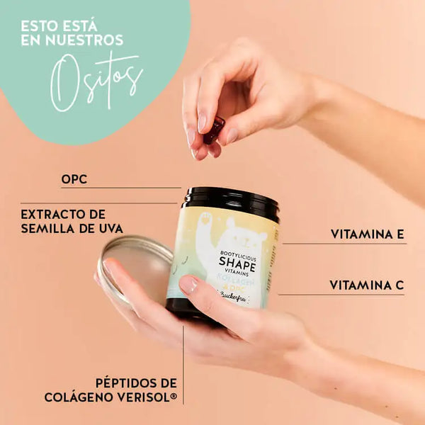 Estos ingredientes y nutrientes se encuentran en las Bootylicious Shape Vitamins de Bears with Benefits: OPC, colágeno y vitaminas C y E.