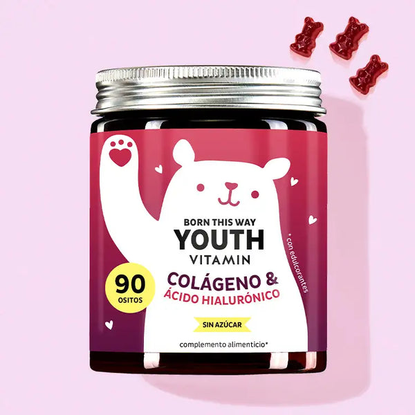 Una lata de Born This Way Youth Vitamins con colágeno e hialurón de Bears with Benefits para un impulso antiedad.