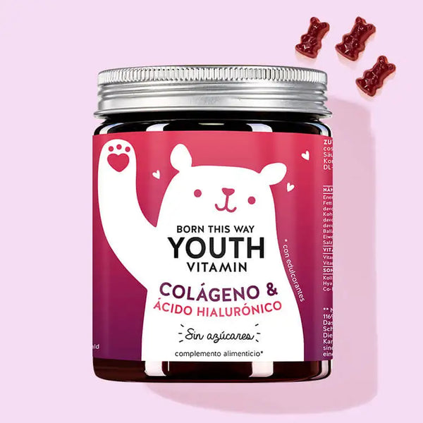Una lata de Born This Way Youth Vitamins con colágeno e hialurón de Bears with Benefits para un impulso antiedad.