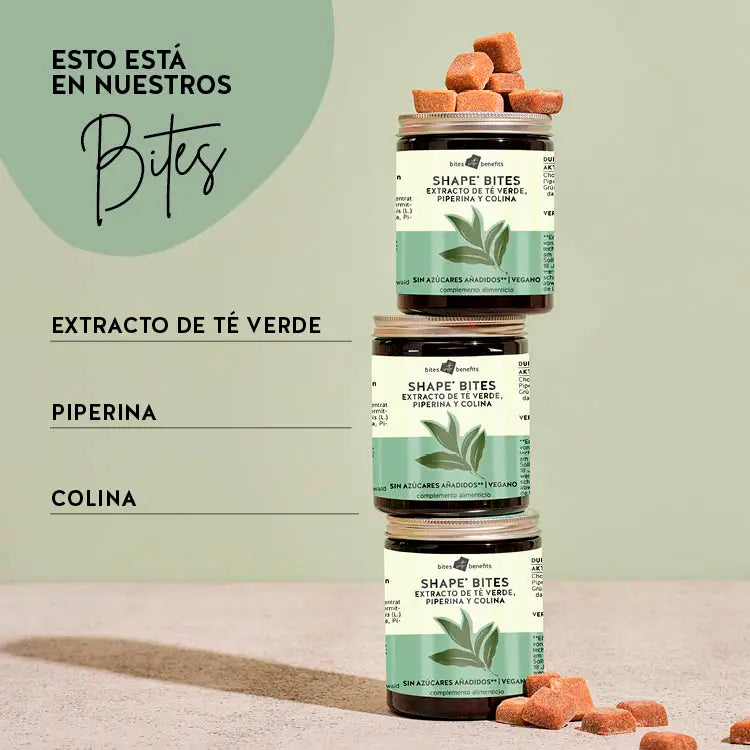Ingredientes de el producto Shape Bites para el metabolismo. Contiene Colina, Extracto de té verde y piperina.
