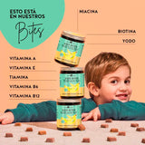 Ingredientes de el producto Kids Bites para el sistema inmunitario y salud general de los niños. Contiene Vitaminas A, E, B1, B3, B6, B12, Biotina y yodo.