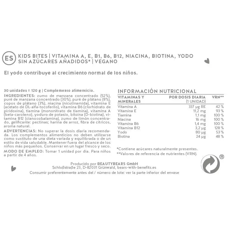 Ingredientes de el producto Kids Bites para el sistema inmunitario y salud general de los niños. 