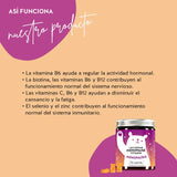 Así actúan las vitaminas para la menopausia I Am Woman de Bears with Benefits: Apoyo al equilibrio emocional y al sistema nervioso. La vitamina C y B12 ayudan a reducir el cansancio y la fatiga, la vitamina B6 contribuye a la regulación de la actividad hormonal así como para el funcionamiento normal del sistema nervioso. 