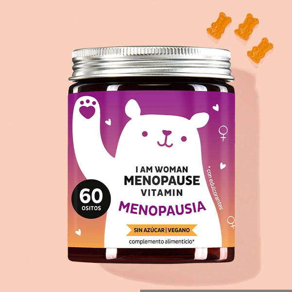 Una lata de I am Woman Menopause Vitamin con aceite de onagra y aceite de linaza de Bears with Benefits para la menopausia.