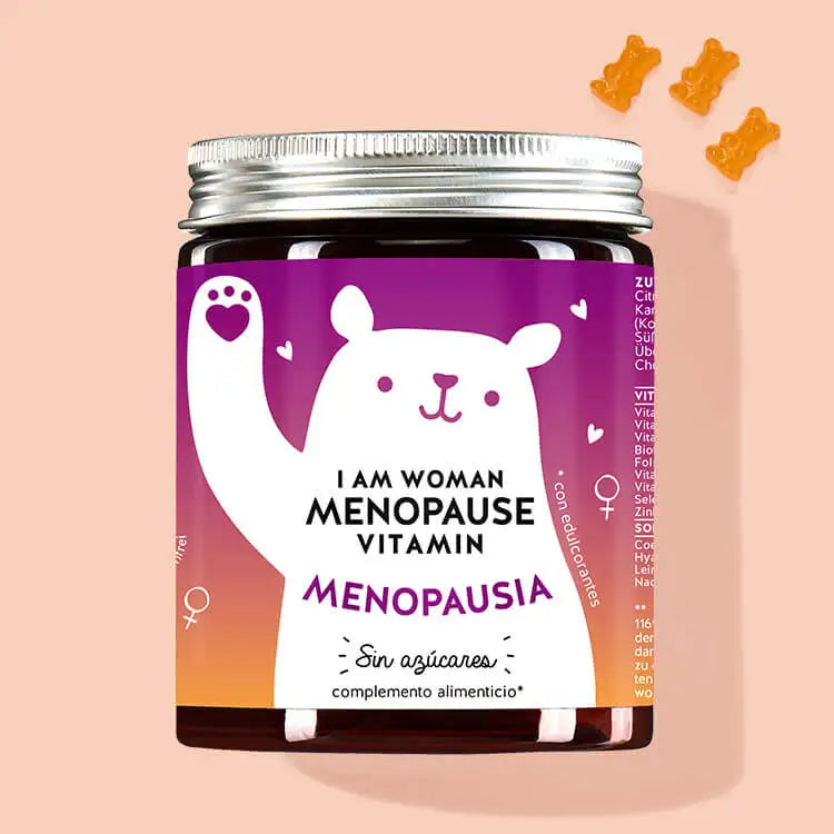 Una lata de I am Woman Menopause Vitamin con aceite de onagra y aceite de linaza de Bears with Benefits para la menopausia.