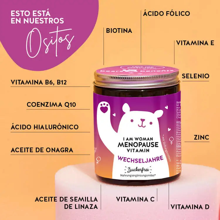Estos ingredientes y nutrientes se encuentran en las Vitaminas para la Menopausia Soy Mujer de Osos con Beneficios: biotina, ácido fólico, vitamina E, selenio, zinc, vitamina D, vitamina C, aceite de onagra, aceite de linaza, ácido hialurónico, coenzima Q10, vitamina B6 y vitamina B12.