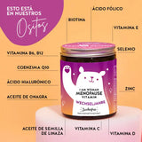 Estos ingredientes y nutrientes se encuentran en las Vitaminas para la Menopausia Soy Mujer de Osos con Beneficios: biotina, ácido fólico, vitamina E, selenio, zinc, vitamina D, vitamina C, aceite de onagra, aceite de linaza, ácido hialurónico, coenzima Q10, vitamina B6 y vitamina B12.