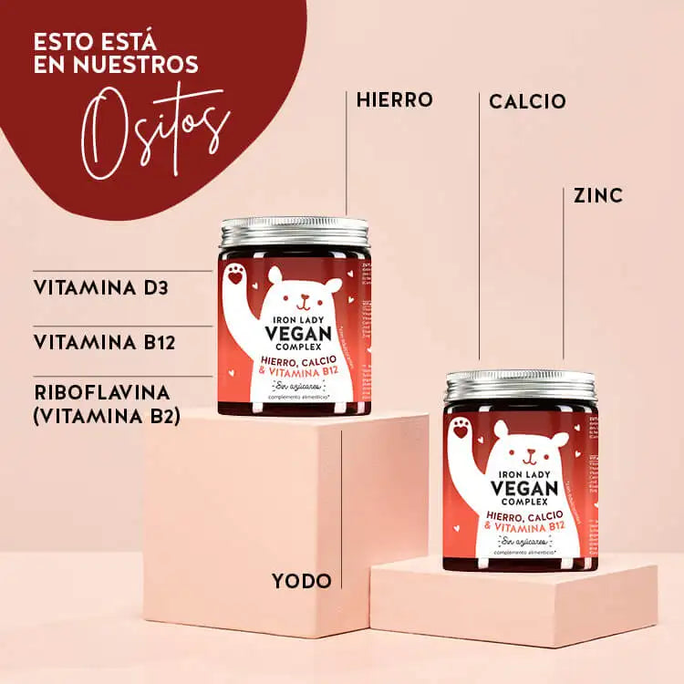 Estas vitaminas y nutrientes están en el Complejo Vegano de Vitaminas Iron Lady: Hierro, Calcio, Zinc, Vitamina B3, Bitamina B2, Vitamina B12, Yodo.