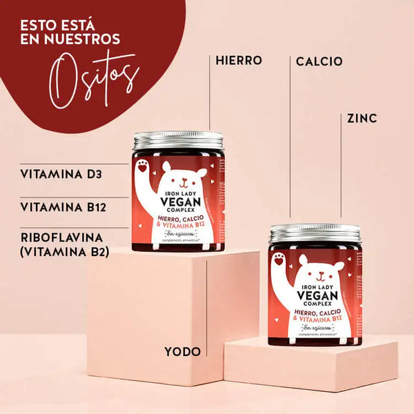 Estas vitaminas y nutrientes están contenidos en Iron Lady Vegan Vitamins: Hierro, Calcio, Zinc, Vitamina B3, Bitamina B2, Vitamina B12, Yodo.