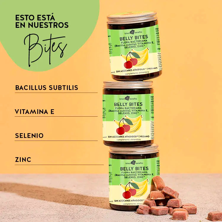 Ingredientes de el producto Belly Bites para el sistema inmunitario y metabolismo. Contiene Vitamina E, Selenio, Zinc, Cobre y cultivos bióticos.