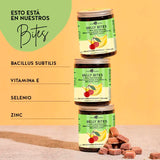 Ingredientes de el producto Belly Bites para el sistema inmunitario y metabolismo. Contiene Vitamina E, Selenio, Zinc, Cobre y cultivos bióticos.