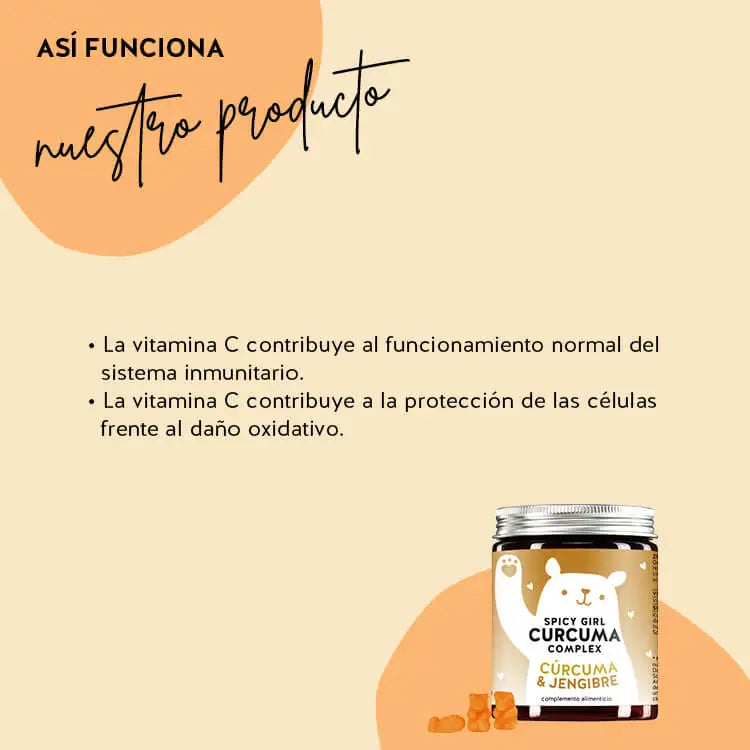 Así funcionan las Vitaminas Cúrcuma Spicy Girl con cúrcuma: propiedades antioxidantes científicamente probadas, ayuda con las molestias digestivas y alivia el estómago, favorece la digestión de las grasas y evita la hinchazón.