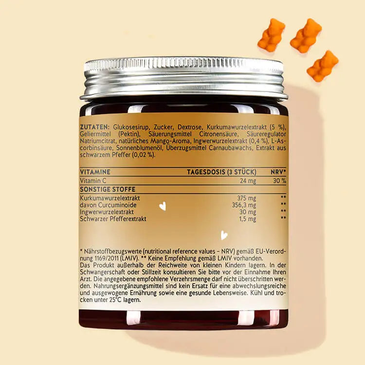 Esta es la parte trasera del envase de Spicy Girl con cúrcuma y jengibre de Bears with Benefits. En él están la información nutricional y la lista de ingredientes del producto.