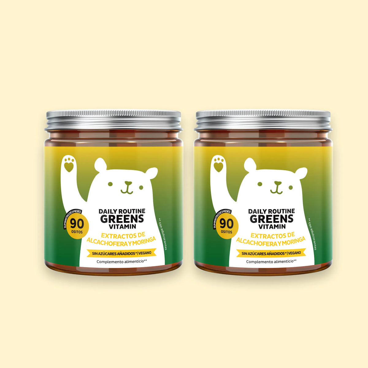 Bears with Benefits DAILY ROUTINE GREENS VITAMIN – ositos de gominola veganos sin azúcares añadidos con 8 extractos vegetales, vitaminas y minerales para energía, defensas y concentración, pack doble de 180 ositos con sabor natural a arándano y frambuesa