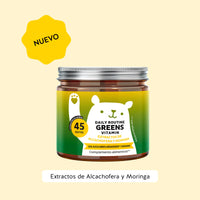 Bears with Benefits DAILY ROUTINE GREENS VITAMIN – ositos de gominola veganos sin azúcares añadidos con 8 extractos vegetales, vitaminas y minerales para energía, defensas y concentración, envase de 45 ositos con sabor natural a arándano y frambuesa