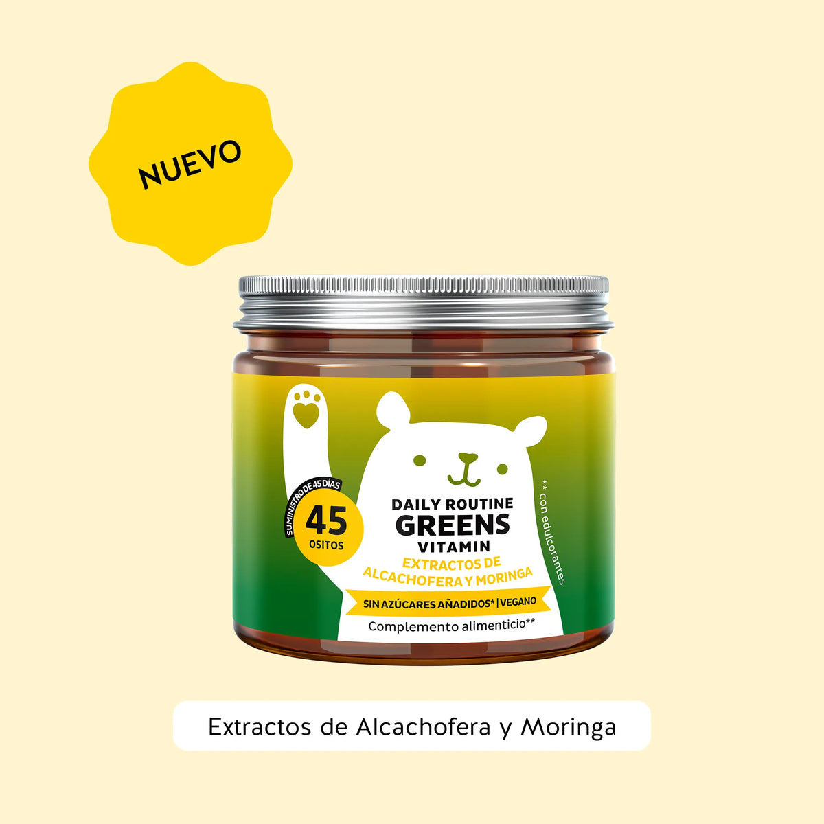 Bears with Benefits DAILY ROUTINE GREENS VITAMIN – ositos de gominola veganos sin azúcares añadidos con 8 extractos vegetales, vitaminas y minerales para energía, defensas y concentración, envase de 45 ositos con sabor natural a arándano y frambuesa