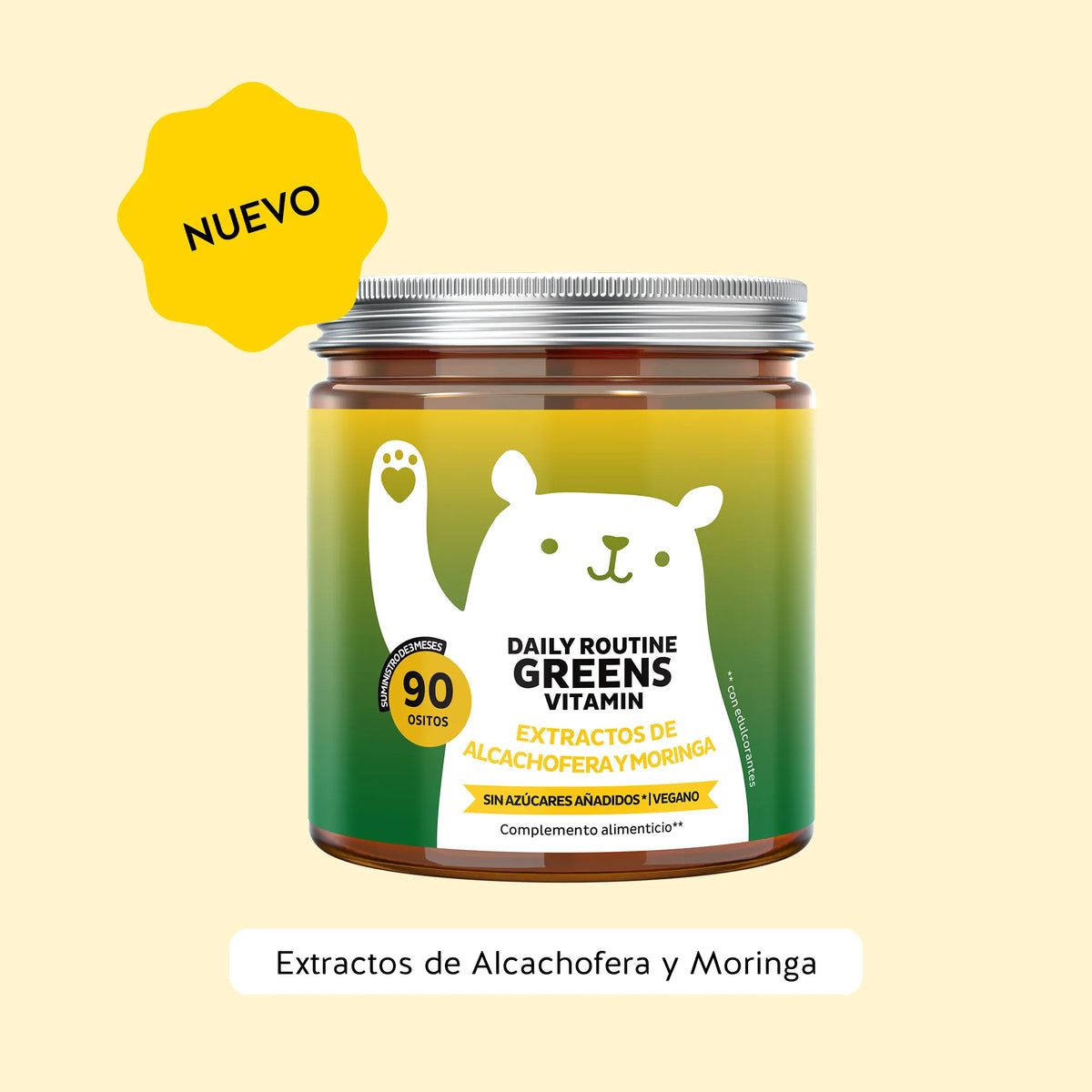 Bears with Benefits DAILY ROUTINE GREENS VITAMIN – ositos de gominola veganos sin azúcares añadidos con 8 extractos vegetales, vitaminas y minerales para energía, defensas y concentración, envase de 90 ositos con sabor natural a arándano y frambuesa