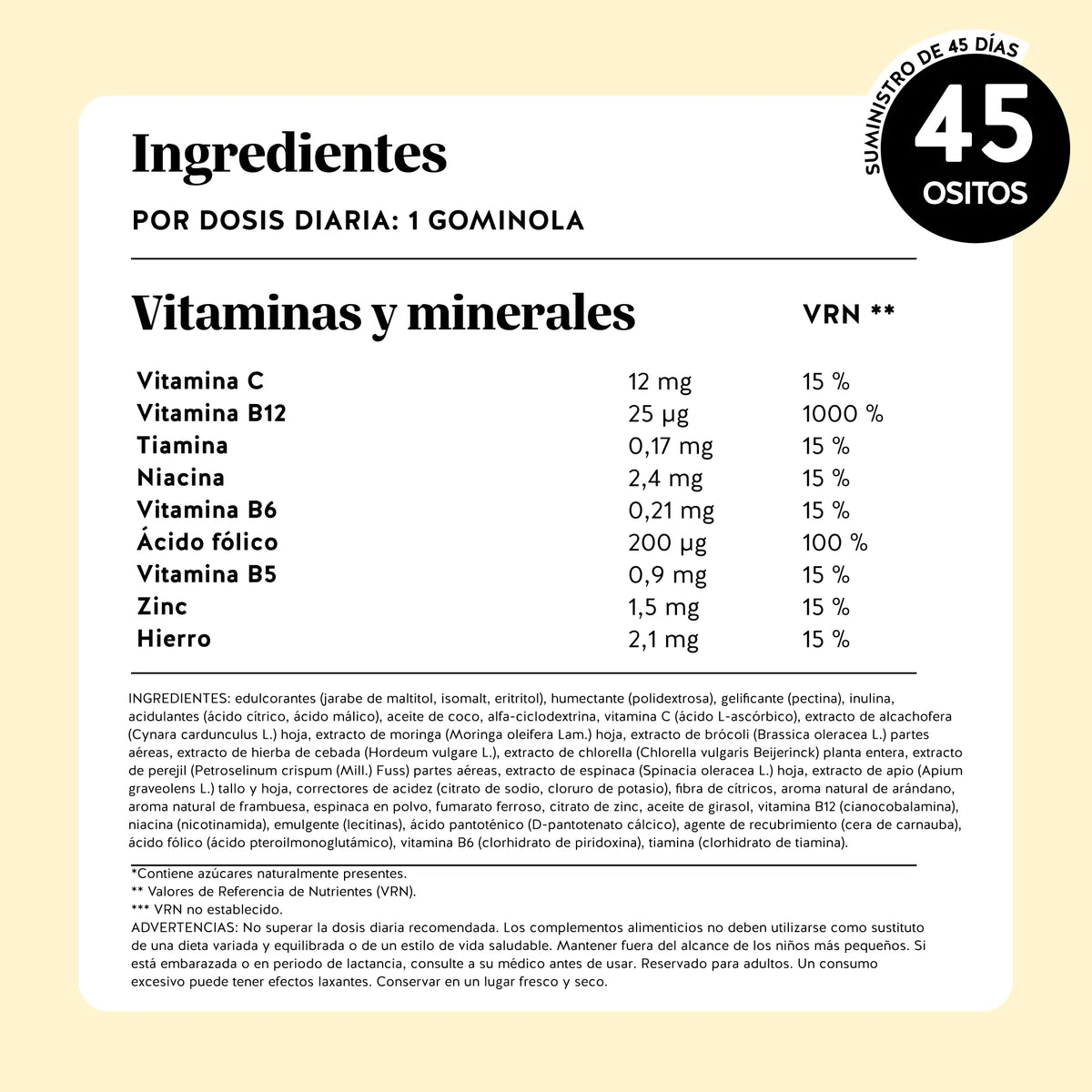 Bears with Benefits DAILY ROUTINE GREENS VITAMIN – ositos de gominola veganos sin azúcares añadidos con vitamina C, B6, B12, tiamina, niacina, ácido fólico, ácido pantoténico, hierro, zinc e inulina y 8 extractos vegetales, sabor natural a arándano y frambuesa