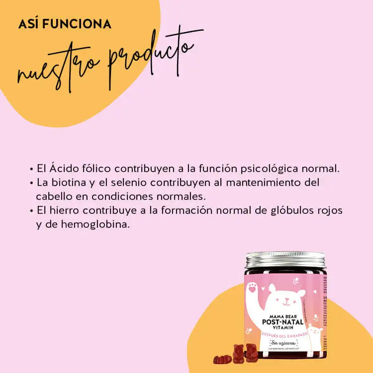 Así actúan las Vitaminas Postnatales Mama Bear con hierro y selenio: El hierro contribuye a la formación normal de glóbulos rojos y hemoglobina, al transporte normal de oxígeno y al funcionamiento normal del sistema inmunitario.