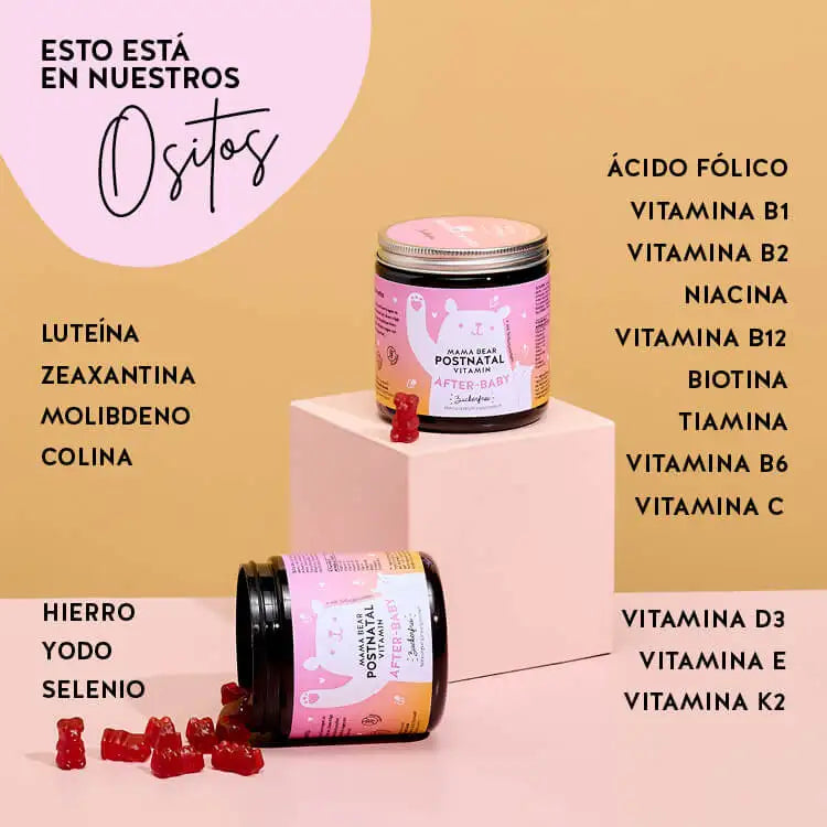Estos ingredientes y nutrientes se encuentran en las Vitaminas Postnatales Mamá Osa de Osos con Beneficios: zinc, hierro, yodo, selenio, luteína, zeaxantina, molibdeno, colina, niacina, biotina, ácido fólico y vitaminas B1, B2, B6, B12, C, D3, E y K2.